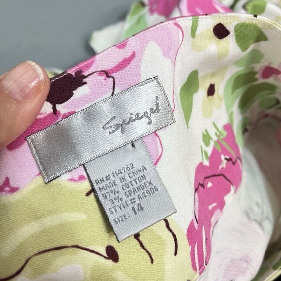Spiegel Skirt size 14 Pink Green Floral Rose Knee A Line Stretch Wedding Modest - Picture 11 of 11